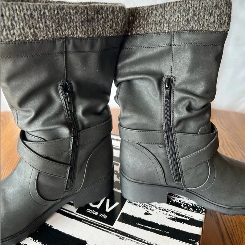 DV Dolce Vita Girls Nicky Buckle Accent Moto Western Fashion Black Boots 3‎ M